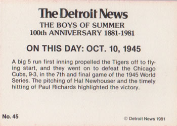 1981 Detroit News Detroit Tigers #45 Tigers Win Series Back