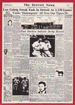 1981 Detroit News Detroit Tigers #50 Lou Gehrig Streak Ends in Detroit At 2,130 Games Front