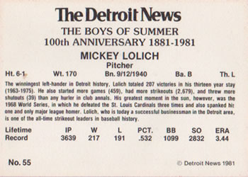 1981 Detroit News Detroit Tigers #55 Mickey Lolich Back