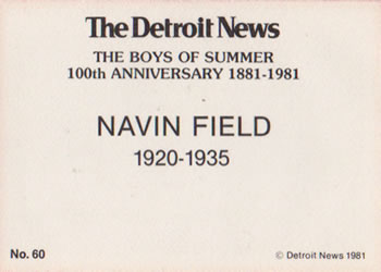 1981 Detroit News Detroit Tigers #60 Navin Field Back