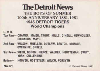 1981 Detroit News Detroit Tigers #61 1945 Tigers Back