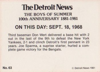 1981 Detroit News Detroit Tigers #63 Tigers League Champs Back