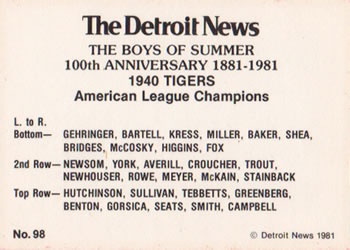1981 Detroit News Detroit Tigers #98 1940 Tigers Back