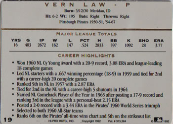 1993 Action Packed All-Star Gallery Series I #19 Vern Law Back