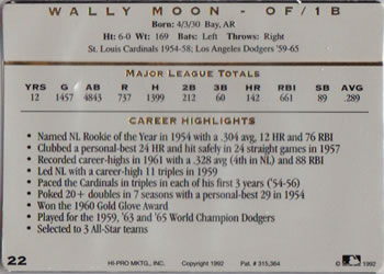 1993 Action Packed All-Star Gallery Series I #22 Wally Moon Back