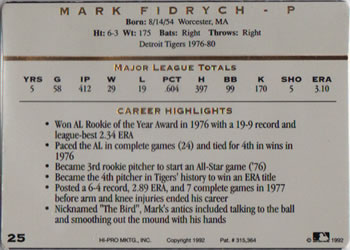 1993 Action Packed All-Star Gallery Series I #25 Mark Fidrych Back
