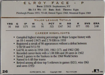 1993 Action Packed All-Star Gallery Series I #26 Elroy Face Back