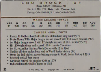 1993 Action Packed All-Star Gallery Series I #2 Lou Brock Back