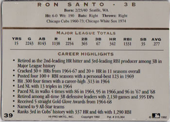 1993 Action Packed All-Star Gallery Series I #39 Ron Santo Back