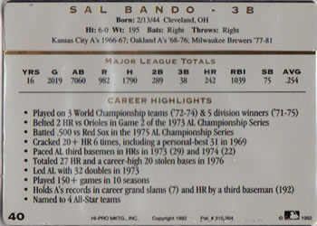 1993 Action Packed All-Star Gallery Series I #40 Sal Bando Back