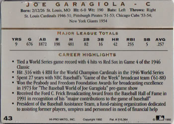 1993 Action Packed All-Star Gallery Series I #43 Joe Garagiola Back