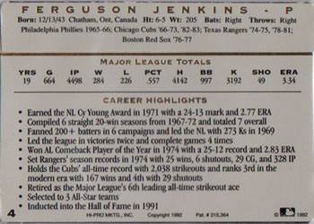 1993 Action Packed All-Star Gallery Series I #4 Ferguson Jenkins Back