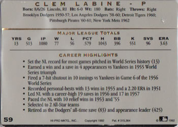1993 Action Packed All-Star Gallery Series I #59 Clem Labine Back