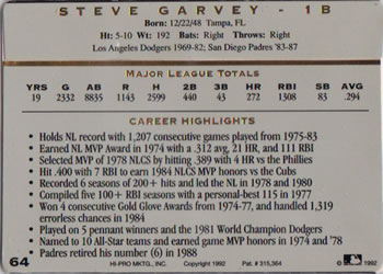 1993 Action Packed All-Star Gallery Series I #64 Steve Garvey Back