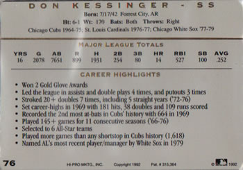 1993 Action Packed All-Star Gallery Series I #76 Don Kessinger Back