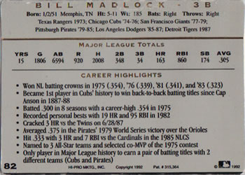 1993 Action Packed All-Star Gallery Series I #82 Bill Madlock Back