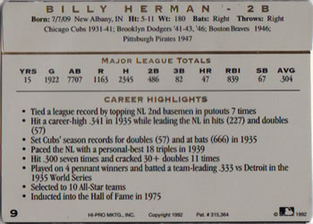 1993 Action Packed All-Star Gallery Series I #9 Billy Herman Back