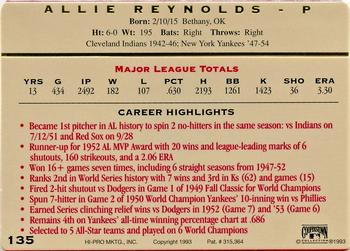 1993 Action Packed All-Star Gallery Series II #135 Allie Reynolds Back