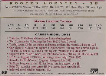 1993 Action Packed All-Star Gallery Series II #95 Rogers Hornsby Back