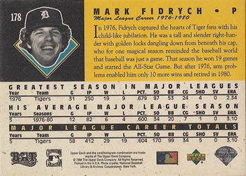 1994 Upper Deck All-Time Heroes #178 Mark Fidrych Back