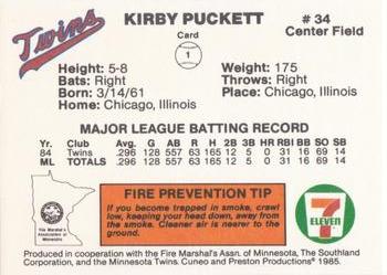 1985 7-Eleven Minnesota Twins #1 Kirby Puckett Back