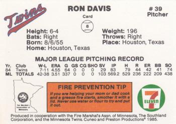 1985 7-Eleven Minnesota Twins #8 Ron Davis Back