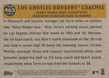 2009 Topps Heritage #463 Los Angeles Dodgers Coaches (Larry Bowa / Rick Honeycutt / Mariano Duncan / Bob Schaefer) Back