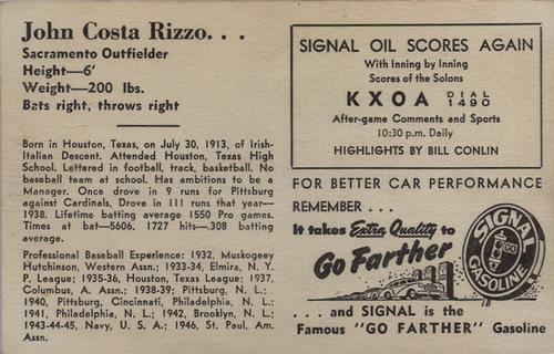 1947 Signal Oil #NNO Johnny Rizzo Back