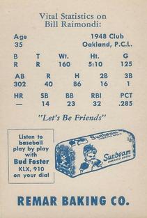1949 Remar Bread Oakland Oaks #NNO Billy Raimondi Back