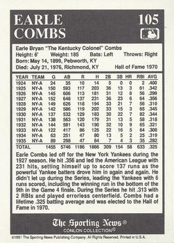 1991 Conlon Collection TSN #105 Earle Combs Back