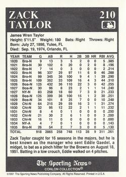 1991 Conlon Collection TSN #210 Zack Taylor Back