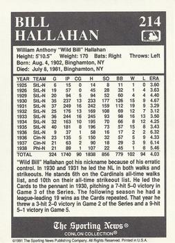 1991 Conlon Collection TSN #214 Bill Hallahan Back
