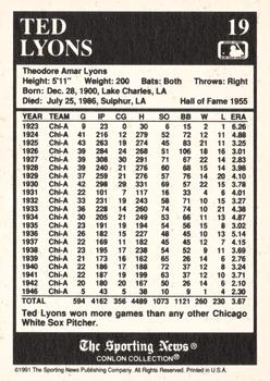 1991 Conlon Collection TSN #19 Ted Lyons Back