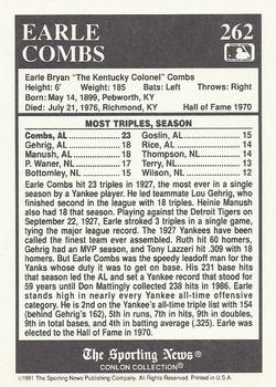 1991 Conlon Collection TSN #262 Earle Combs Back