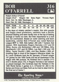 1991 Conlon Collection TSN #316 Bob O'Farrell Back