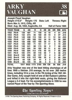 1991 Conlon Collection TSN #38 Arky Vaughan Back