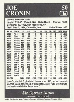 1991 Conlon Collection TSN #50 Joe Cronin Back