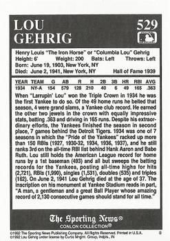 1992 Conlon Collection TSN #529 Lou Gehrig Back