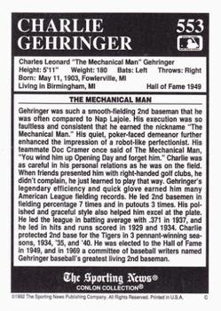 1992 Conlon Collection TSN #553 Charlie Gehringer Back