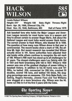 1992 Conlon Collection TSN #585 Hack Wilson Back