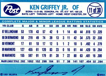 1991 Post Cereal #11 Ken Griffey Jr. Back