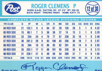 1991 Post Cereal #12 Roger Clemens Back