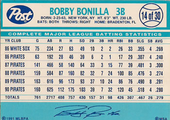 1991 Post Cereal #14 Bobby Bonilla Back