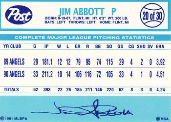 1991 Post Cereal #20 Jim Abbott Back