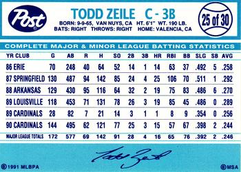 1991 Post Cereal #25 Todd Zeile Back