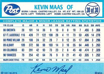 1991 Post Cereal #30 Kevin Maas Back