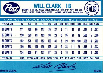 1991 Post Cereal #3 Will Clark Back
