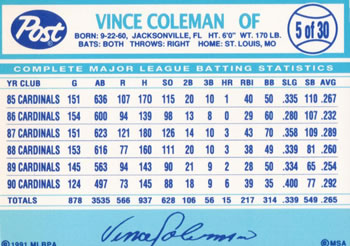 1991 Post Cereal #5 Vince Coleman Back