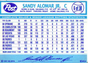 1991 Post Cereal #6 Sandy Alomar Jr. Back