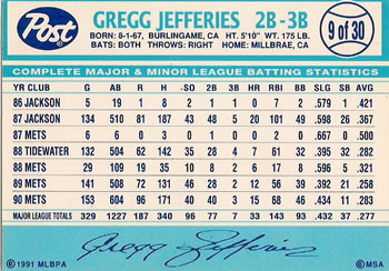 1991 Post Cereal #9 Gregg Jefferies Back